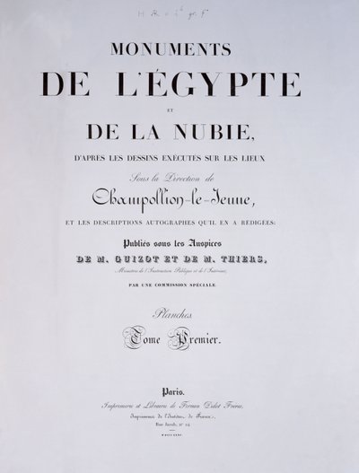 Taiteilijan ensimmäinen osa Monuments de lEgypte et de la Nubie, julkaissut Pariisissa Firmin-Didot, 1835 tekijältä French School