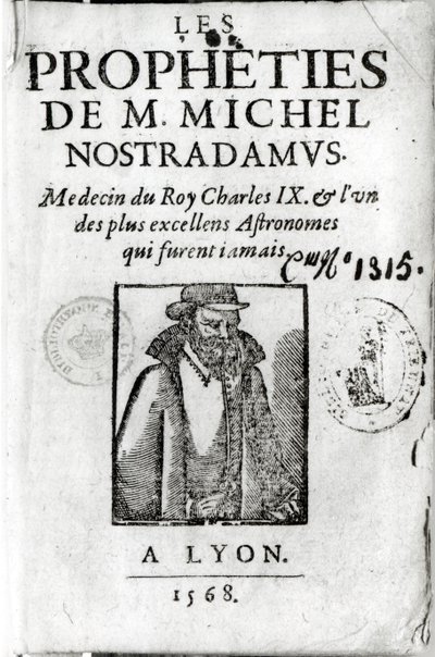 Les Propheties de M. Michel de Nostradamusin (1503-66) etulevy, jossa on muotokuva Nostradamuksesta, julkaistu Lyonissa 1568 tekijältä French School