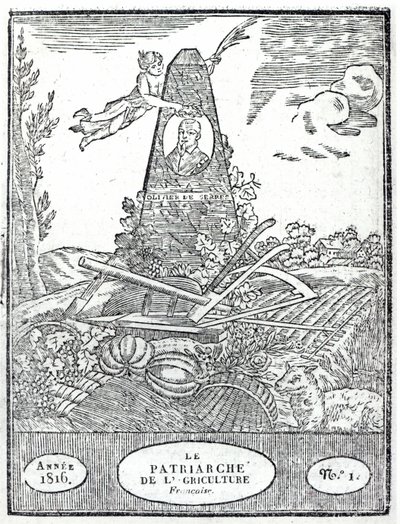 Maatalousalmanaksin etupuoli, jossa on muotokuva Olivier de Serresistä (1539-1619) 1816 tekijältä French School