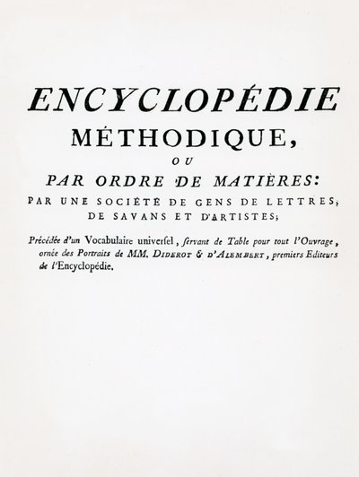 Frontispiece to the Methodical Encyclopedia by Order of Subject Matter, toimittajina Denis Diderot ja Jean Le Rond DAlembert, julkaistu 1782 (painettu) tekijältä French School