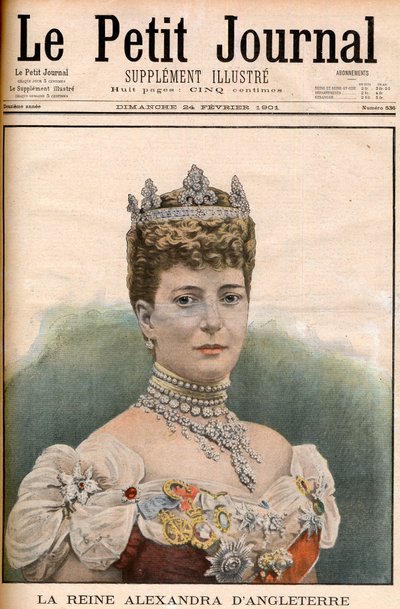 Ranskalaisen sanomalehden Englannin kuningatar Alexandran (1844-1925) etusivu kuningas EdwardVII:n vaimon "Le Petit Journal" 24. helmikuuta tekijältä French School