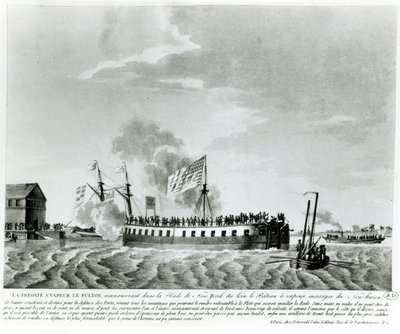 Fultons Höyrykäyttöinen sotalaiva, Fulton the First, jonka Robert Fulton suunnitteli ja rakensi New Yorkin puolustamiseen vuoden 1812 sodassa (bw-kuva 1800-luvun alun kaiverruksesta) tekijältä French School