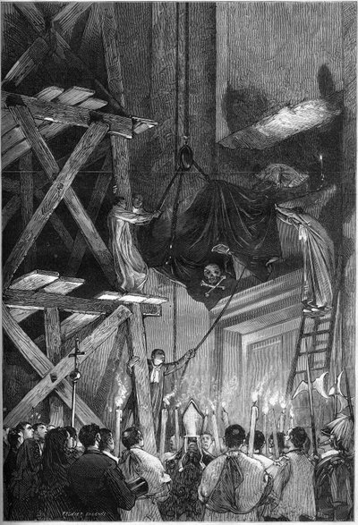 Paavi Pius Ixin (Pion) (1792-1878) hautajaiset: ruumiin hautaaminen Pietarinkirkolle Roomassa. Kaiverrus "" Le Monde Illustré" -julkaisussa nro 1093, 9. maaliskuuta 1878. tekijältä French School