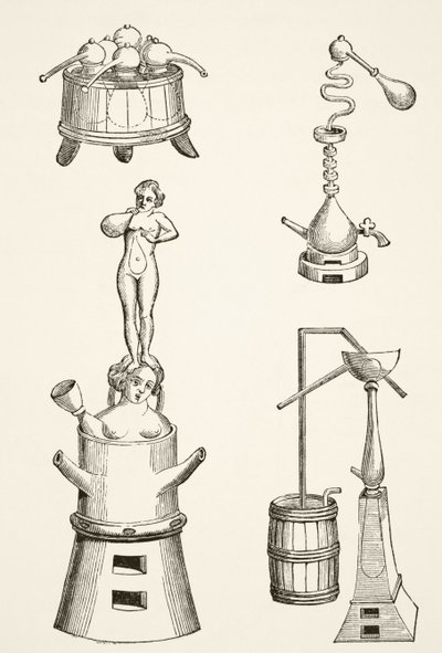 Kemistien ja alkemistien 1500-luvulla käyttämät uunit, retortit, tislauslaitteet ja tislauslaitteet Paul Lacroixin (1806-84) teoksesta Tiede ja kirjallisuus keskiajalla, julkaistu Lontoo 1878 (l) tekijältä French School