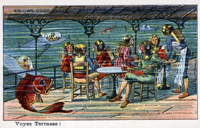 Futuredays: 1800-luvun visio vuodelle 2000 - Sarja “” Vuonna 2000”: Katso terassi (meren alla). Villemardin kromolitografia tekijältä French School