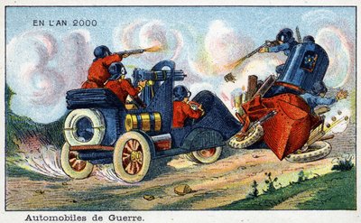 Futuredays: 1800-luvun visio vuodelle 2000 - Sarja "" Vuonna 2000": Automotive of War. Villemardin kromolitografia tekijältä French School