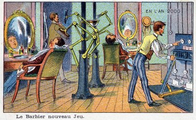 Futuredays: A Nineteenth Century Vision of the Year 2000 - Sarja "" Vuonna 2000"": Uusi pelin parturi (automaattinen kone). Villemardin kromolitografia tekijältä French School