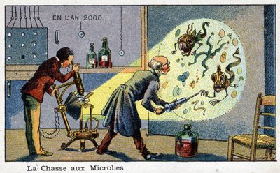 Futuredays: A 19th Century Vision of the Year 2000 -sarja: The Hunting of Microbes (2 tutkijaa, jotka poistavat laajentuneita mikrobeja koneella). Villemardin kromolitografia tekijältä French School