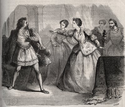 Gabrielle de Vergy kiistää sulhasensa Eudes de Fayelin, joka on kateellinen ystävyydestään serkkunsa Albert de Nozereaun kanssa. Kohtaus 1100-luvun legendasta. Kaiverrus vuodelta 1871 Henry de Kockin (1819-1892) teokseen "Histoire Des Cocus Celebres". tekijältä French School