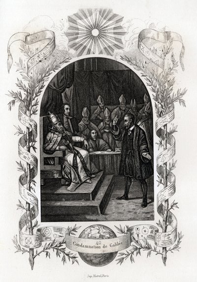 Galilea (tai Galileo Galilei (1564-1642)) Vatikaanin pyhän viran edessä"" Inkvisitiotuomioistuin tuomitsi tähtitieteilijän vuonna 1632. Maurice Lachatren (1814-1900) paavien historiaa havainnollistava kaiverrus, librairie du progress, Pariisi. tekijältä French School