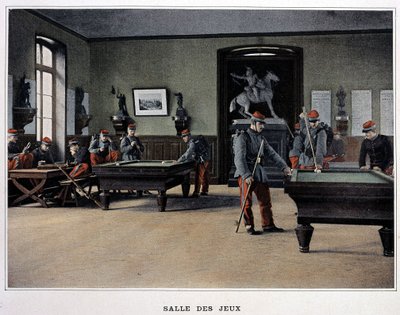 Pelihuone: sotilaat pelaavat biljardia ja - "Album militaire" -jalkaväestä tekijältä French School