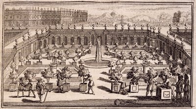 Puutarhurit työskentelevät appelsiinipuutarhassa, Le Parfait Jardinier, ou Instruction pour les Jardins Fruitiers et Potager, Jean de la Quintinye, julkaistu 1695 tekijältä French School