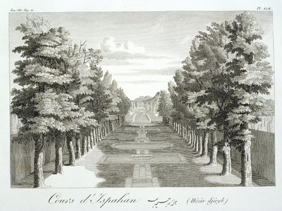 Puutarhat Tshehar-Baghissa, Isfahanissa, teoksesta Voyages du Chevalier Chardin en Perse, et autres Lieux de l