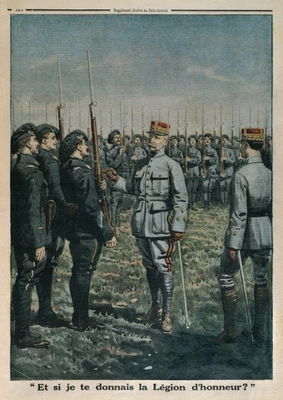 Kenraali Petain tarkastamassa 42. vuoristojalkaväkirykmenttiä, ja entä jos annan sinulle kunnialegionin, takakannen kuva Le Petit Journalista, liite illustre, 23. syyskuuta 1917 ( tekijältä French School
