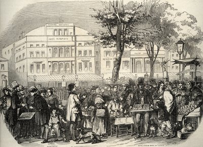 Yleiskuva Boulevard du Templesta Pariisissa - katukauppiaat - Pariisi - Yleisnäkymä Boulevard du Temple -kauppiaille - Kaiverrus "Tableau-de-Paris" Edmond Texier 1852 tekijältä French School