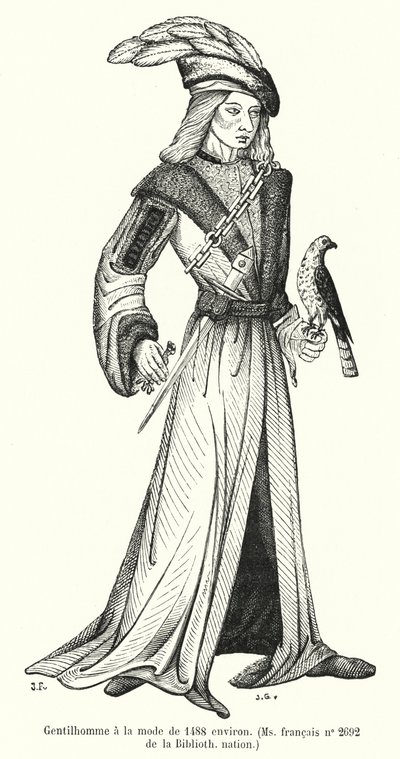 Muodikas herrasmies noin vuodelta 1488 (kaiverrus) tekijältä French School