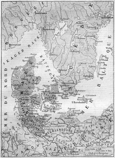 Tanskan maantieteellinen kartta vuonna 1861, Schleswigin, Holsteinin ja Lauenburgin herttuattaren kanssa. Kaiverrus "" Le Monde Illustré" -julkaisussa nro 200, 9. helmikuuta 1861. tekijältä French School