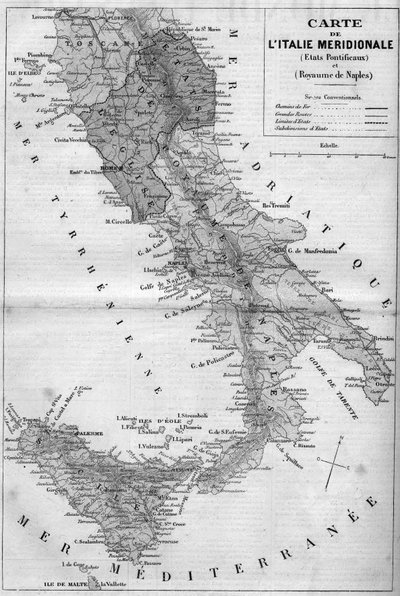 Meridional Italian maantieteellinen kartta vuonna 1860: paavivaltiot ja Napolin kuningaskunta. Kaiverrus "" Le Monde Illustré" -julkaisussa nro 163, 26. toukokuuta 1860. tekijältä French School