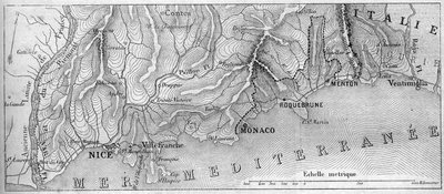 Principaute de Monacon maantieteellinen kartta vuonna 1861, ennen kuin Roquebrunen ja Mentonin kaupunki liittyivät Ranskaan. Kaiverrus "" Le Monde Illustré" -julkaisussa nro 202, 23. helmikuuta 1861. tekijältä French School