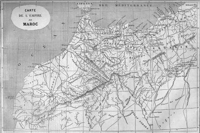 Maantieteellinen kartta Marokon valtakunnasta vuonna 859. Kaiverrus "" Le Monde Illustré" -julkaisussa nro 129, 1. lokakuuta 1859. tekijältä French School