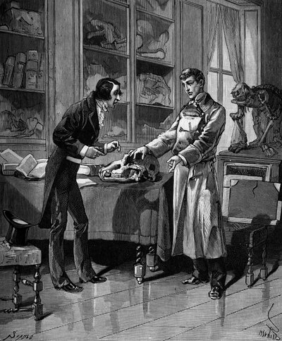 Georges Cuvier (1769-1832), ranskalainen luonnontieteilijä nuoren opiskelijan kanssa. Bitard Adolphen teoksessa "Histoire populaire des sciences, keksintöjä ja löytöjä ensimmäisiltä vuosisadoilta nykypäivään" 1880. tekijältä French School