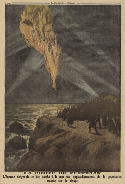 Saksalainen Zeppelin ammuttiin alas ilmatorjunnan tulituksessa ja syöksyi mereen, ensimmäinen maailmansota. tekijältä French School
