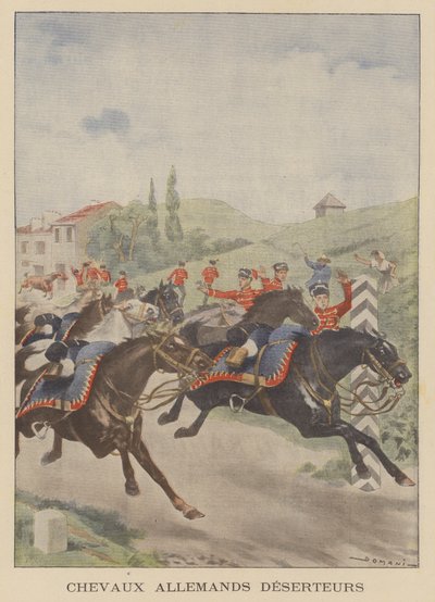 Saksan armeijan hevoset "karkailevat" Ranskan rajan yli (värilitografia). tekijältä French School