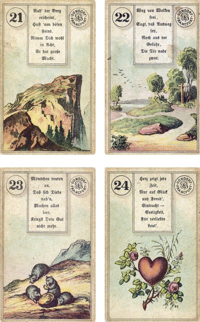Saksankielinen versio Lenormand-ranskalaisesta cartomancy-paketista: Vuori, Tie, Hiiret, Sydän, julkaisija Dondorf, Frankfurt, 1800-luku tekijältä French School