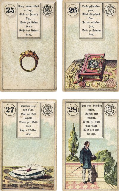 Saksankielinen painos Lenormandin ranskalaisesta cartomancy-paketista: Sormus, Kirja, Kirje, herrasmies, julkaisija Dondorf, Frankfurt, 1800-luku tekijältä French School