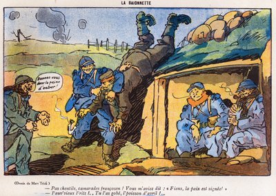Ranskalaissotilaiden tempun seurauksena vangiksi jäänyt saksalainen sotilas, sarjakuva La Baionette -lehden Aprillipäivän (Poisson dAvril) painoksesta 29. maaliskuuta 1917 tekijältä French School