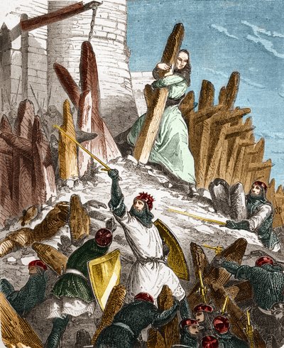 Louis le Grosin Geurre Hugues du Puisetia vastaan: Ranskan kuninkaan LOUIS VI le Grosin joukkojen hyökkäys Chateau du Puisetin (sijaitsee Eure-et-Loirin departementissa) vuonna 1118. Kaiverrus "Histoire De France En" Paul Lehugeurin sata maalausta tekijältä French School