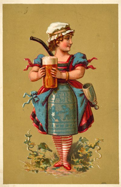 Tyttö kädessään iso lasi olutta (chromolitho) tekijältä French School