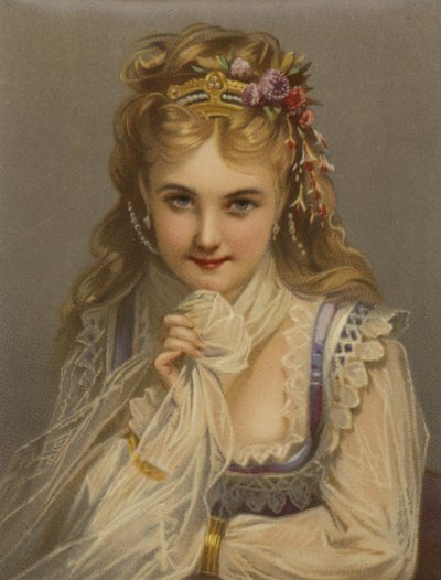 Tyttö, jolla on vaaleat hiukset, koruja, kukkia ja ujo hymy (chromolitho). tekijältä French School