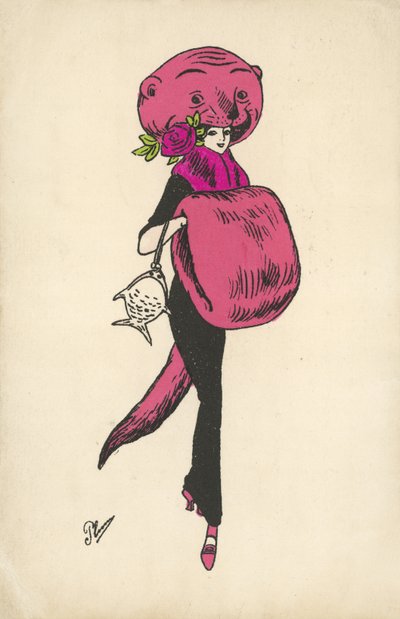 Tyttö, jolla on outo eläimen turkisasu (väri litho) tekijältä French School