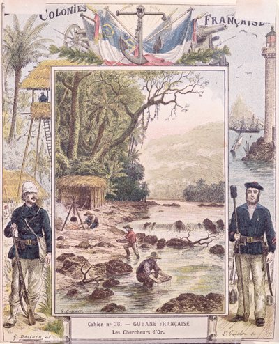 Kullankaivajat Ranskan Guyanassa, koulun harjoituskirjan kansi, n. 1880 tekijältä French School
