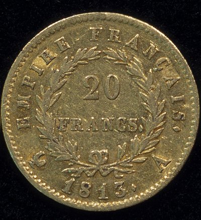20 frangin kultakolikko (Napoleon) vuodelta 1813. takaisin. tekijältä French School