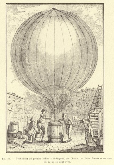 Ensimmäisen vetypallon täyttäminen, Charles, Robert-veljekset ja avustaja, 23.-26.8.1783 (kaiverrus) tekijältä French School