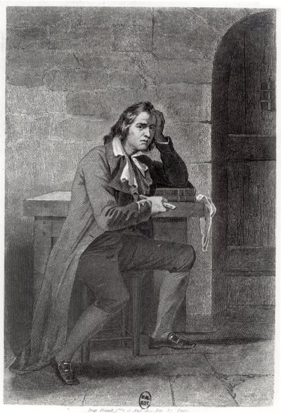 Gracchus Babeuf (1760-97) puukotti itseään (kaiverrus) (m/w kuva) tekijältä French School