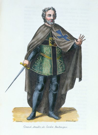 Saksalaisen ritarikunnan suurmestari, Pierre Helyotin (1660-1716) kuvitus Histoire et Costumes des Ordres Monastiquesista, 1842 tekijältä French School