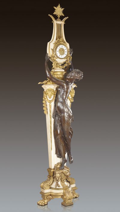 Grande Horloge, tärkeä ja monumentaalinen jalustakello, jonka on suunnitellut Frederic Piat ja toteuttanut Maison Millet, Pariisi, n. 1890 (ormolu-patinoitu pronssi ja carraran marmori) (katso myös 362833) tekijältä French School