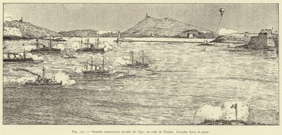Vuoden 1891 suuret laivastoliikkeet Toulonin satamassa; laivue pakottaa passin (kaiverrus) tekijältä French School