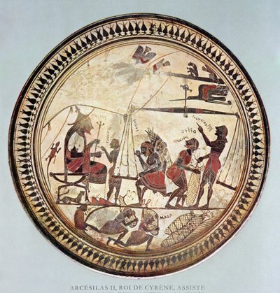 Kreikkalainen kuppi, joka kuvaa Arcesilas II:ta, Kyrenen kuningasta (n. 560–550 eKr.) katsomassa silfiumin punnitsemista ja lastaamista, kopio 6. vuosisadalla eKr. peräisin olevasta alkuperäisestä tekijältä French School