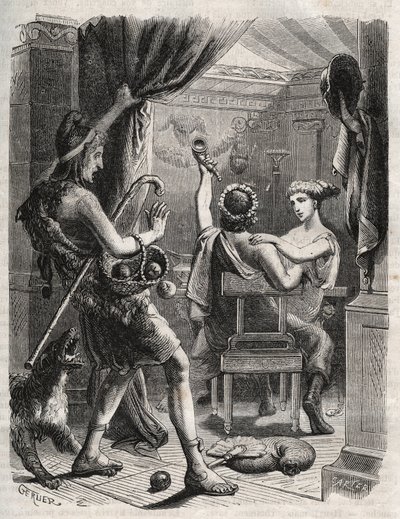 Kreikkalainen mytologia: "" Tämän huudon teki Pariisi"". Paris yllättää Helenen Peritanuksella. Kaiverrus vuodelta 1871 Henry de Kockin (1819-1892) teokseen "Histoire Des Cocuses Celebres". tekijältä French School