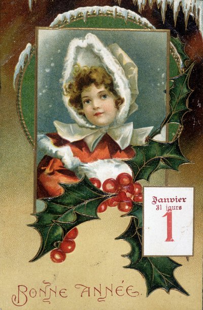 Onnittelukortti: "" Hyvää uutta vuotta"" (tyttö hollylla) - postikortti, n.d., 1900-luvun alku tekijältä French School