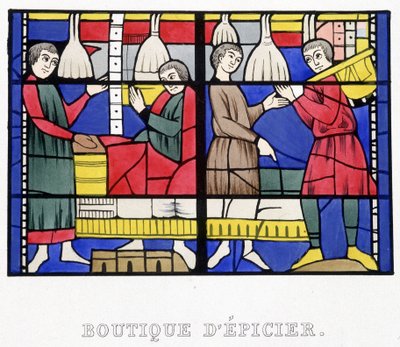 Ruokakauppa. Faksimile keskiajan lasimaalauksesta Ferdinand de Lasteyrien "Histoire de la peinture sur verre" tekijältä French School