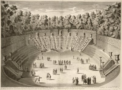 Salle du Balin lehto, Versailles, Versaillesin kaupunkien ja palatsien suunnitelmista, profiileista ja korkeuksista, kaivertanut Lucas, julkaistu n. 1715 tekijältä French School