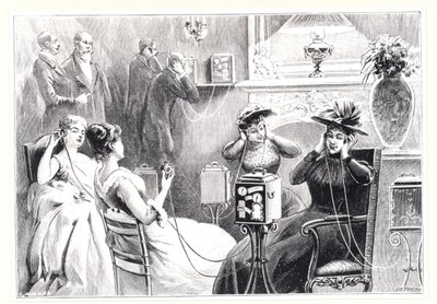Vieraat pariisilaishotellissa kuuntelemassa suoria lähetyksiä ooppera- tai teatteriesityksiin Marinovichin ja Szarvas Theatrophonesta, La Naturesta, julkaistu 1892 tekijältä French School