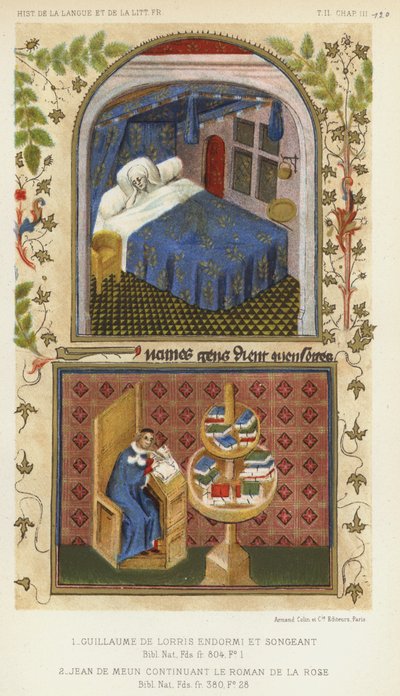 Guillaume De Lorris nukkuu ja ajattelee, Jean De Meun jatkaa roomalaista De La Rosea (väri litho) tekijältä French School