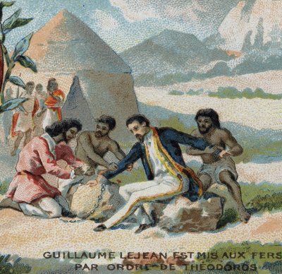 Guillaume Lejean, ranskalainen tutkimusmatkailija, laitettiin kahleisiin Abessinian (nykyisen Etiopian) keisari Theodoroksen käskystä. 1800-luvun kromolitografia. tekijältä French School