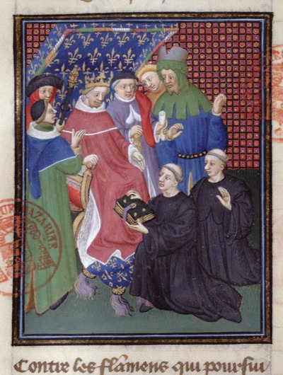 Guillaume de Nangis (k. 1300 tai 1303) esittelee kirjansa Philippe IV le Belille, Ranskan kuninkaalle 1285-1314 (vellum) (yksityiskohta 239257) tekijältä French School